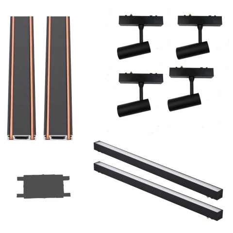 Oświetlenie szynowe magnetyczne 2x SZYNA 1m + 2x20W lampa liniowa + 4x7W reflektor + złączka neutralne światło Oświetlenie szynowe magnetyczne 2x SZYNA 1m + 2x20W lampa liniowa + 4x7W reflektor + złączka neutralne światło